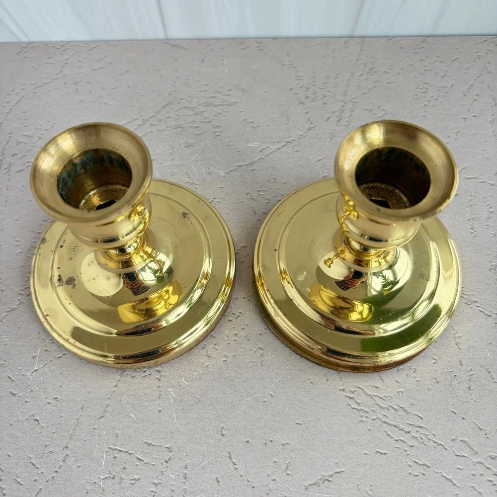 Baldwin Brass Candlestick Holders Set of 2 Short Polished Gold Taper Holders USA